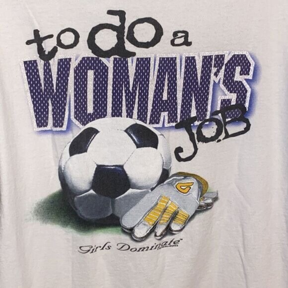 Dont Send A Man Graphic Soccer T-Shirt Womens L Big Ball Sports 100% Cotton Whit - Picture 3 of 5